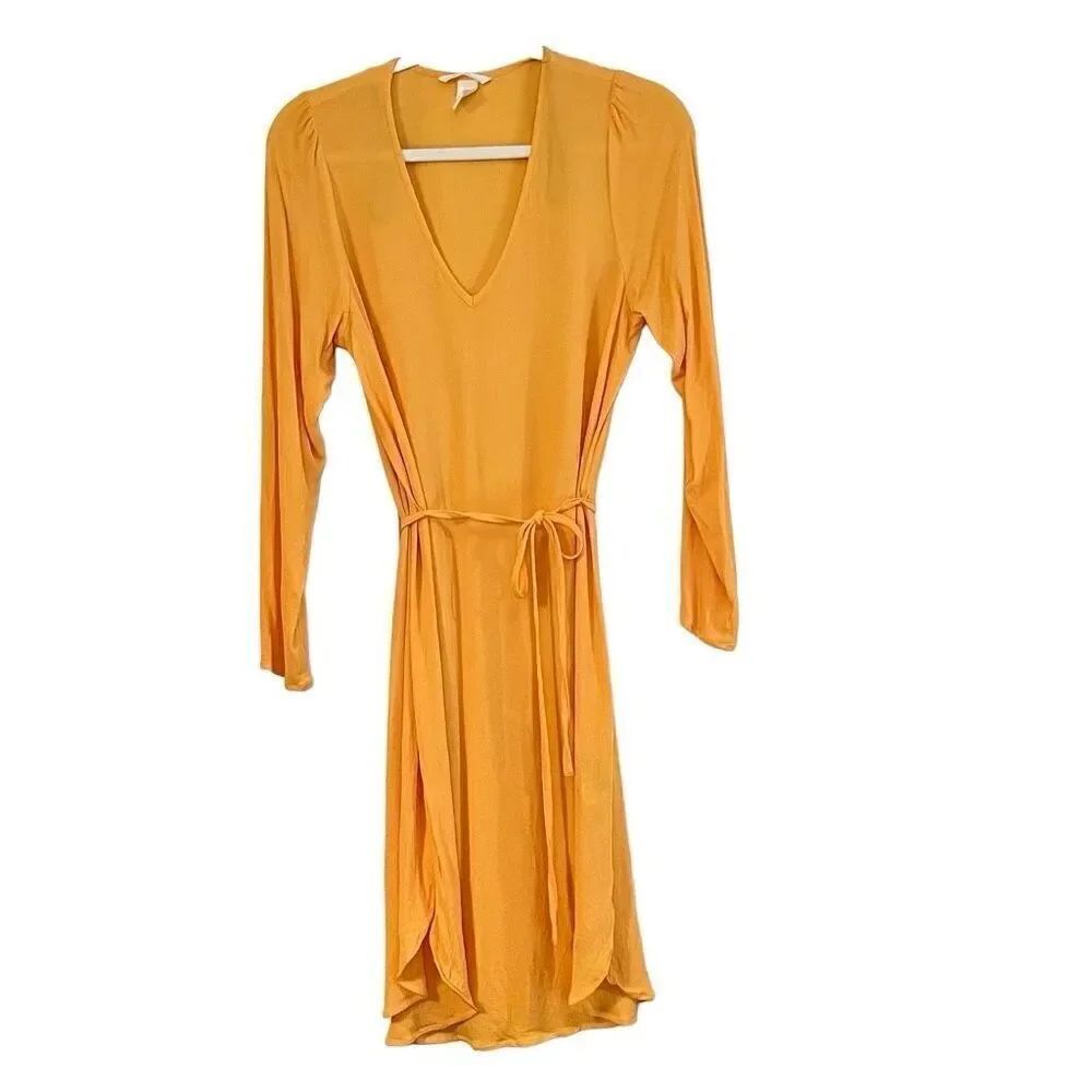 H&M Yellow V-neck Tie Waist Women’s Midi Dress 10
